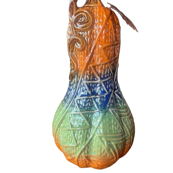 Ceramic Pumpkin Slender Embossed Vine Colorful Fall Decor Autumn Gourd 10" Tall - Picture 2 of 6